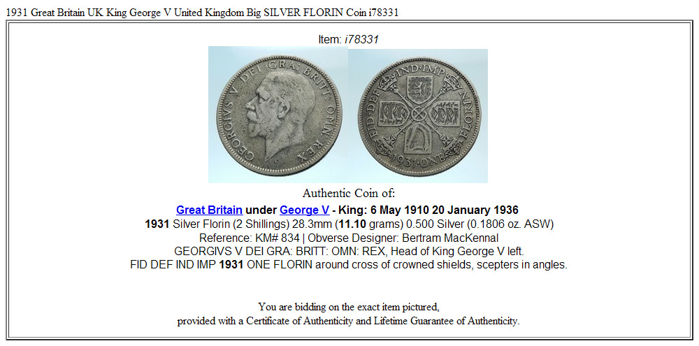 1931 Great Britain UK King George V United Kingdom Big SILVER FLORIN Coin i78331