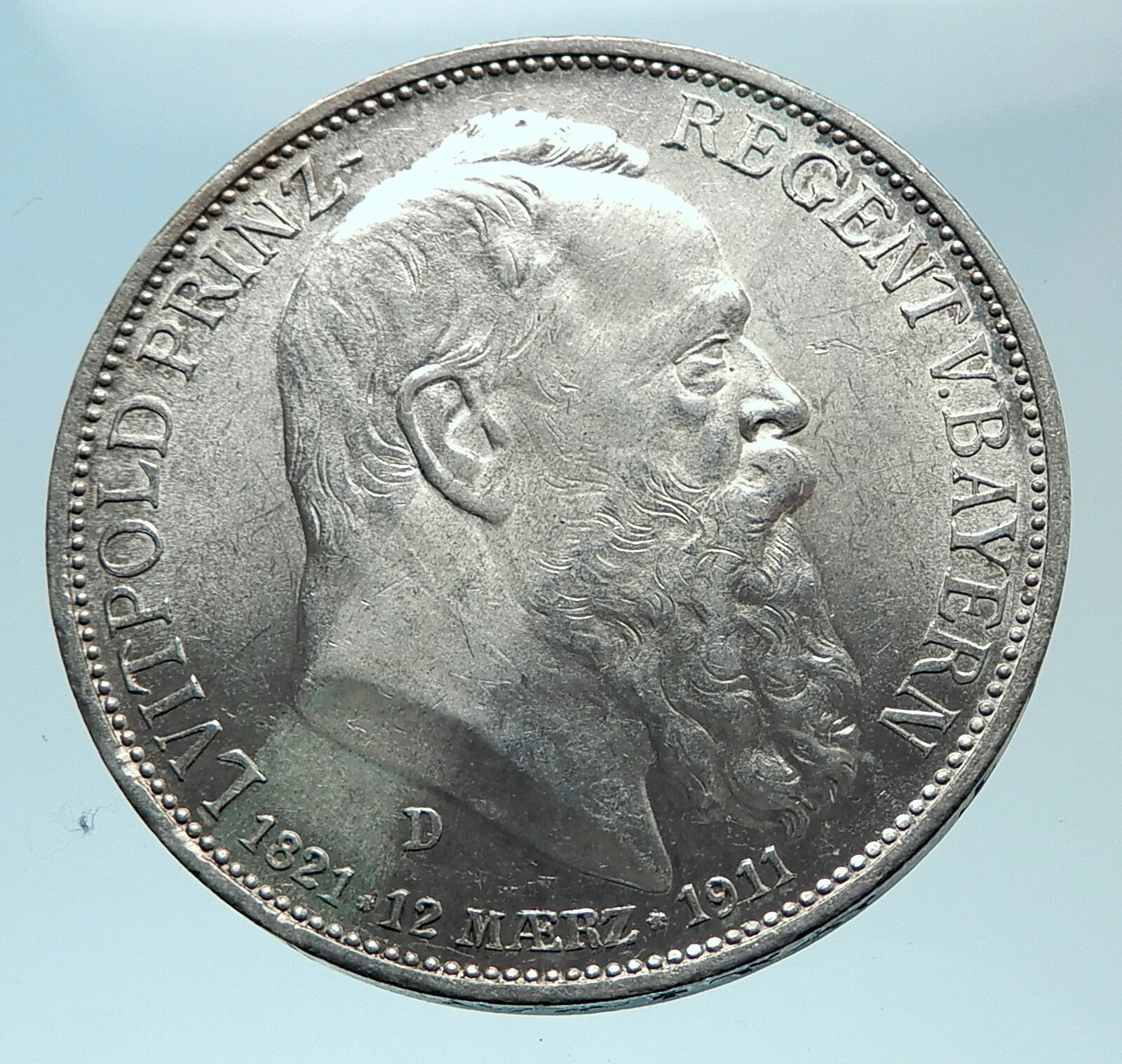 1911 GERMANY Bavaria Otto I w PRINCE LUITPOLD Antique Silver 3 Marks Coin i78806