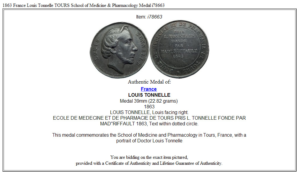 1863 France Louis Tonnelle TOURS School of Medicine & Pharmacology Medal i78663