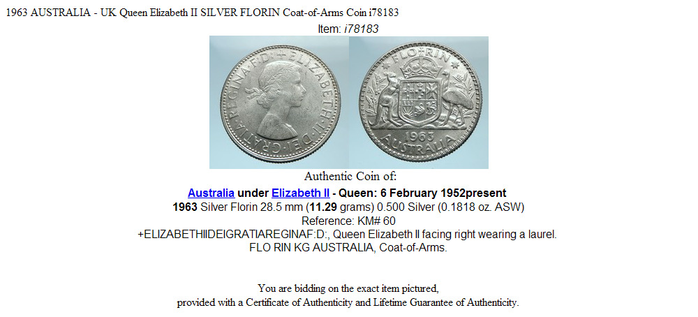 1963 AUSTRALIA - UK Queen Elizabeth II SILVER FLORIN Coat-of-Arms Coin i78183