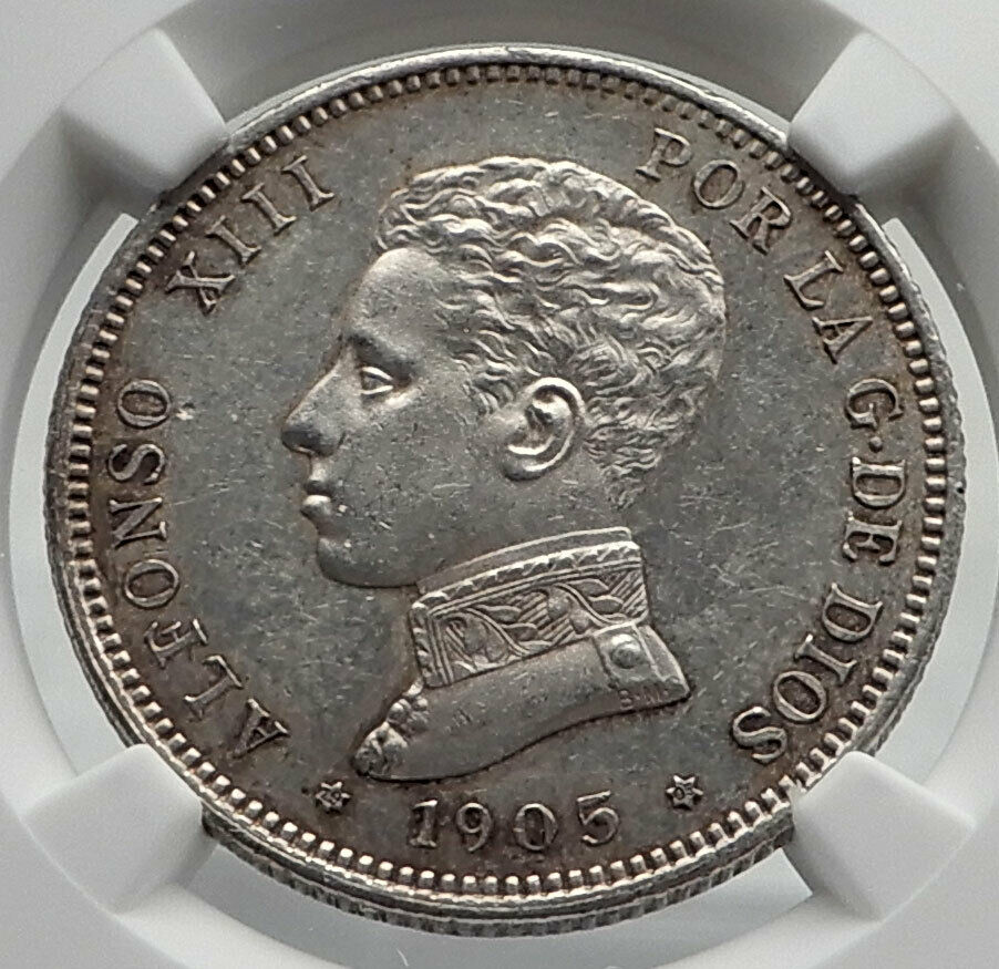 1905 SPAIN Spanish King ALFONSO XIII Genuine Silver 2 Pesetas Coin NGC i79895
