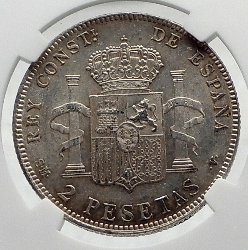 1905 SPAIN Spanish King ALFONSO XIII Genuine Silver 2 Pesetas Coin NGC i79895