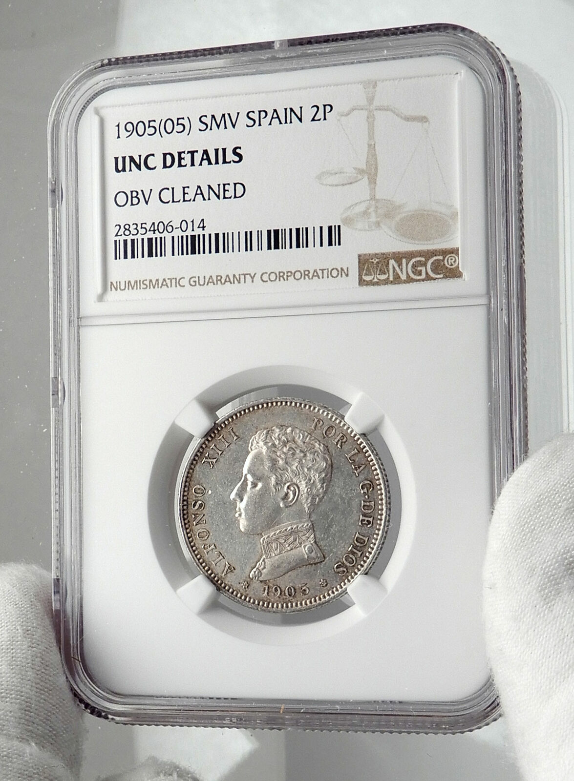 1905 SPAIN Spanish King ALFONSO XIII Genuine Silver 2 Pesetas Coin NGC i79895