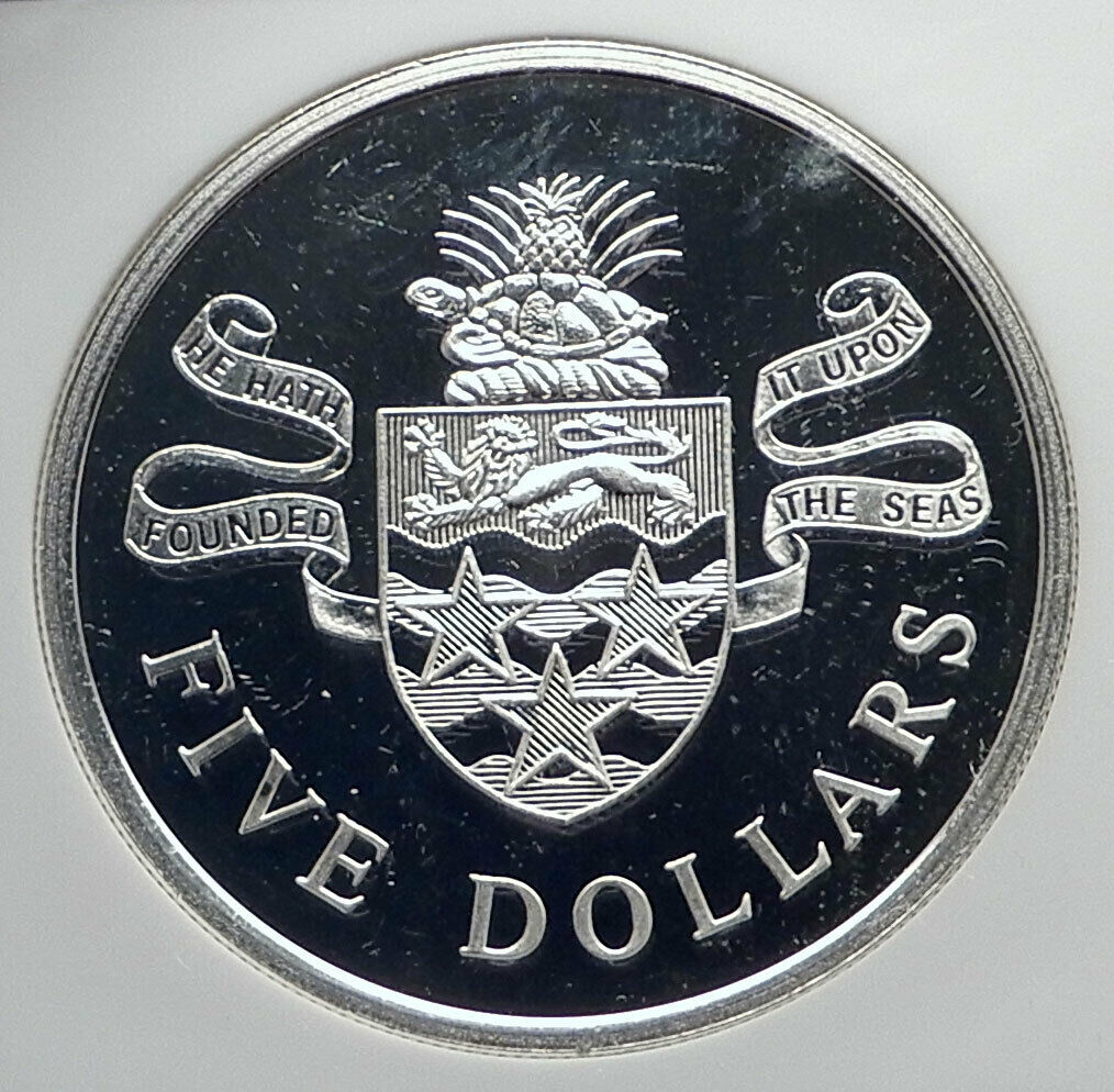 1973 CAYMAN ISLANDS 4.2cm Proof Silver $5 Coin w Queen Elizabeth II NGC i79877