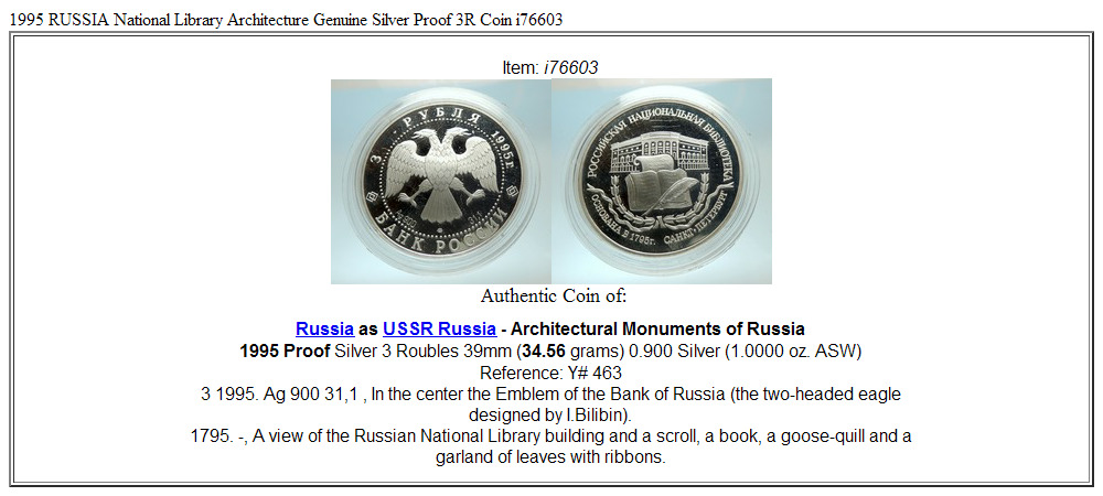 1995 RUSSIA National Library Architecture Genuine Silver Proof 3R Coin i76603