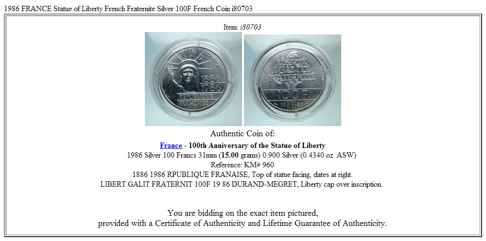 1986 FRANCE Gifts Statue of Liberty to US Huge Genuine Silver French Coin i80703