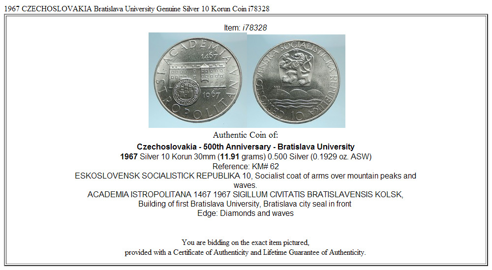 1967 CZECHOSLOVAKIA Bratislava University Genuine Silver 10 Korun Coin i78328