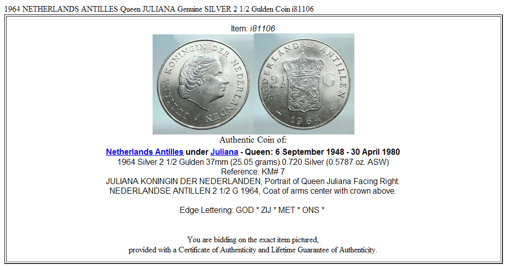 1964 NETHERLANDS ANTILLES Queen JULIANA Genuine SILVER 2 1/2 Gulden Coin i81106