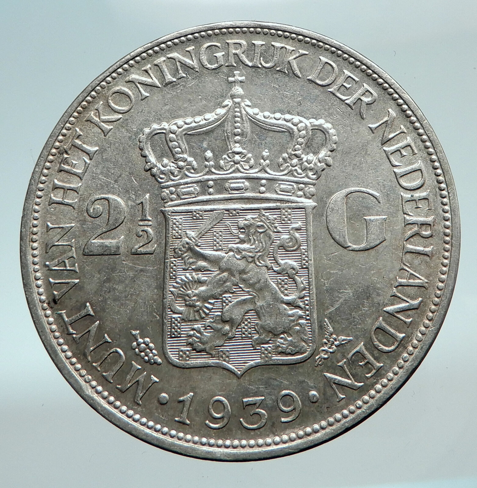1939 Netherlands Kingdom Queen WILHELMINA 2 1/2 Gulden BIG Silver Coin i81117