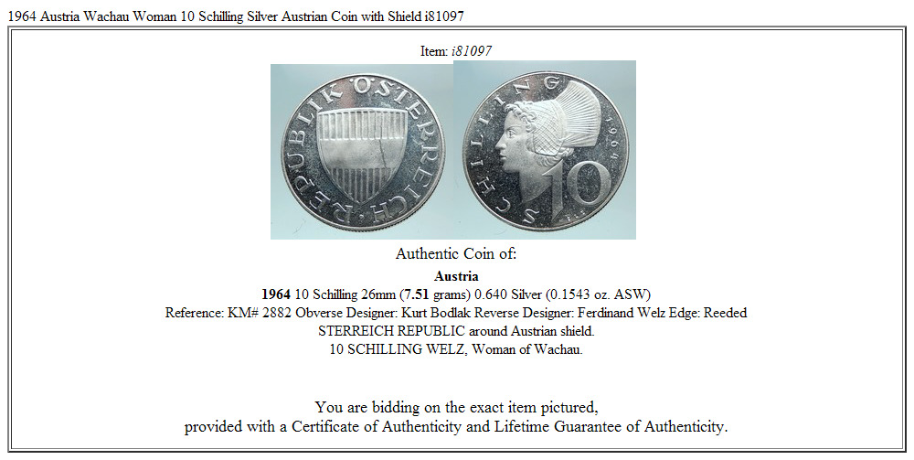 1964 Austria Wachau Woman 10 Schilling Silver Austrian Coin with Shield i81097