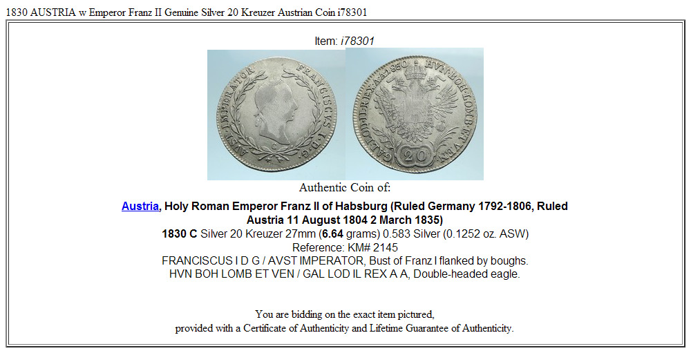 1830 AUSTRIA w Emperor Franz II Genuine Silver 20 Kreuzer Austrian Coin i78301