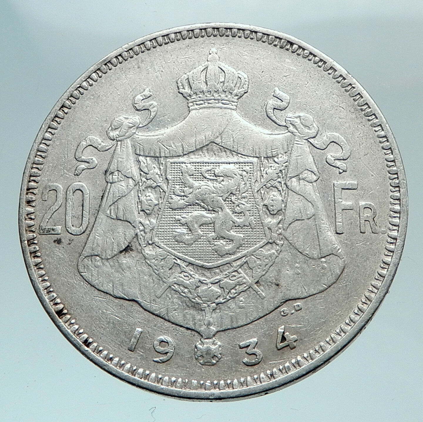 1934 BELGIUM King Albert I Crown Antique Old Genuine Silver 20 Franc Coin i81111