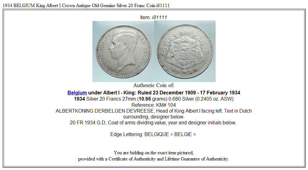 1934 BELGIUM King Albert I Crown Antique Old Genuine Silver 20 Franc Coin i81111