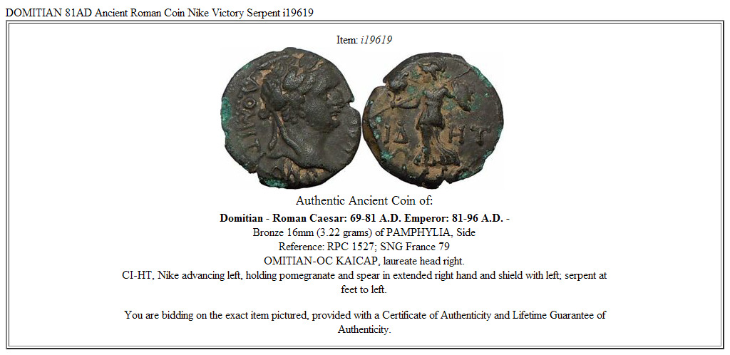 DOMITIAN 81AD Ancient Roman Coin Nike Victory Serpent i19619