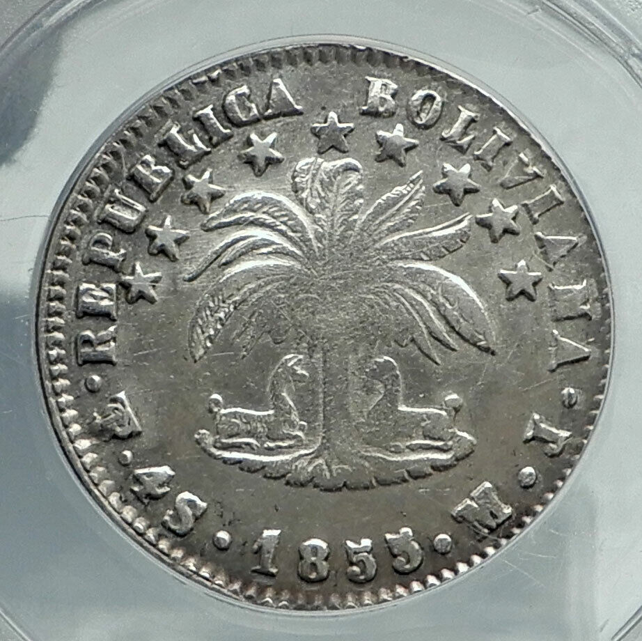 1855 PTS MJ Bolivia LARGE SIMON BOLIVAR Genuine 4 Sol Silver Coin ANACS i78710