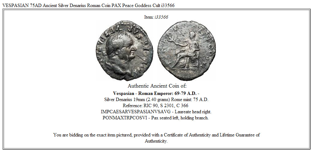 VESPASIAN 75AD Ancient Silver Denarius Roman Coin PAX Peace Goddess Cult i33566