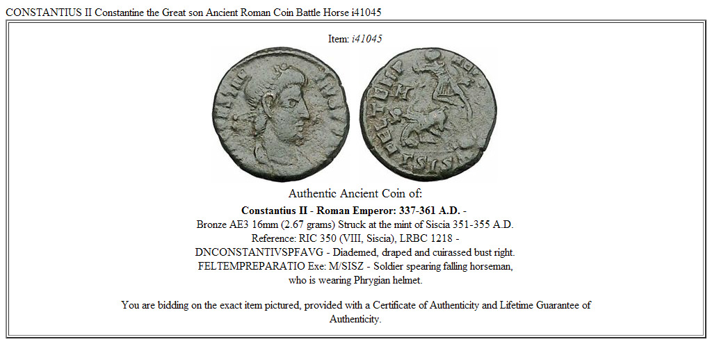 CONSTANTIUS II Constantine the Great son Ancient Roman Coin Battle Horse i41045