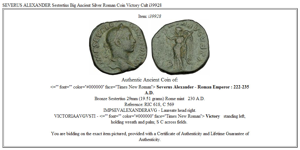 SEVERUS ALEXANDER Sestertius Big Ancient Silver Roman Coin Victory Cult i39928