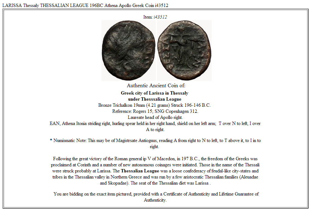 LARISSA Thessaly THESSALIAN LEAGUE 196BC Athena Apollo Greek Coin i43512
