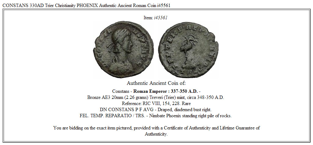 CONSTANS 330AD Trier Christianity PHOENIX Authentic Ancient Roman Coin i45561