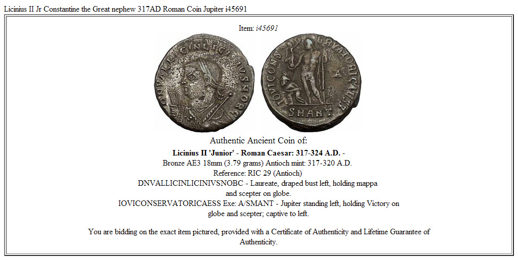 Licinius II Jr Constantine the Great nephew 317AD Roman Coin Jupiter i45691