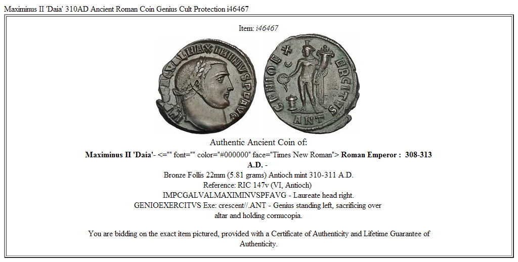 Maximinus II 'Daia' 310AD Ancient Roman Coin Genius Cult Protection i46467