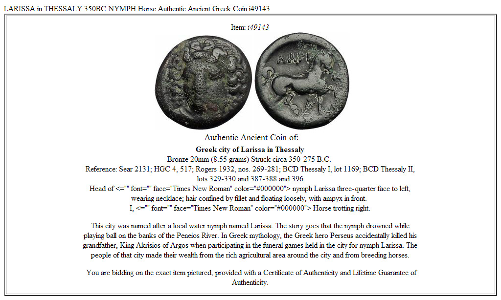 LARISSA in THESSALY 350BC NYMPH Horse Authentic Ancient Greek Coin i49143