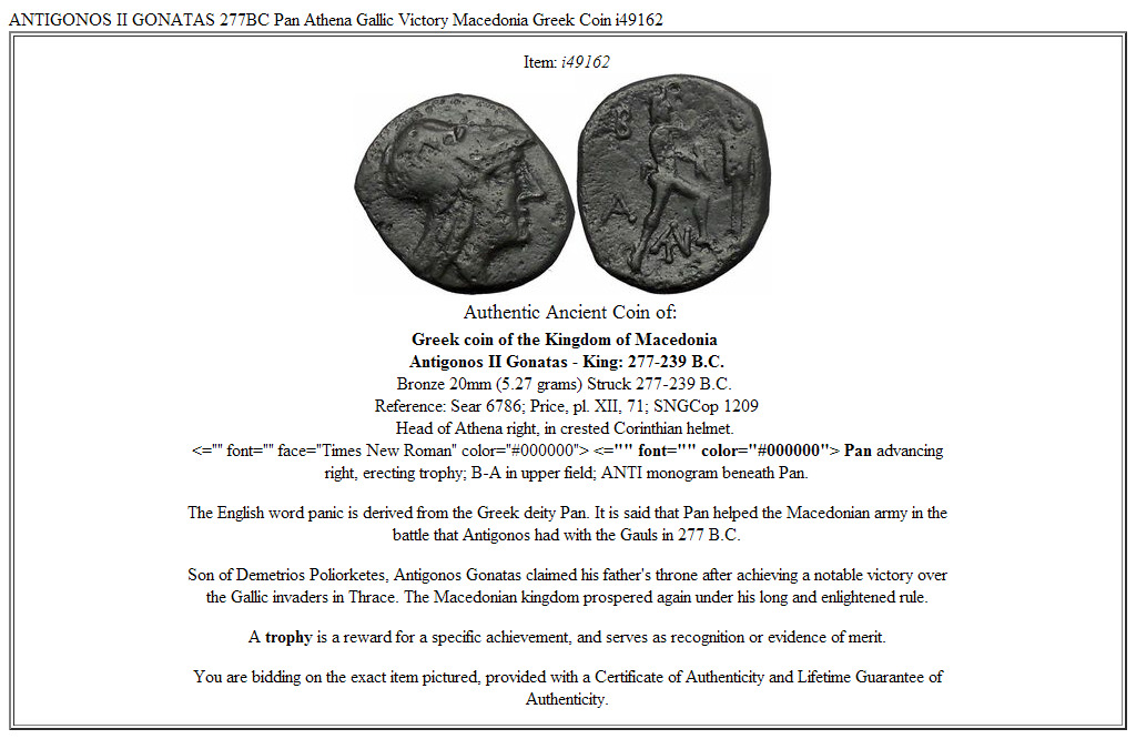 ANTIGONOS II GONATAS 277BC Pan Athena Gallic Victory Macedonia Greek Coin i49162