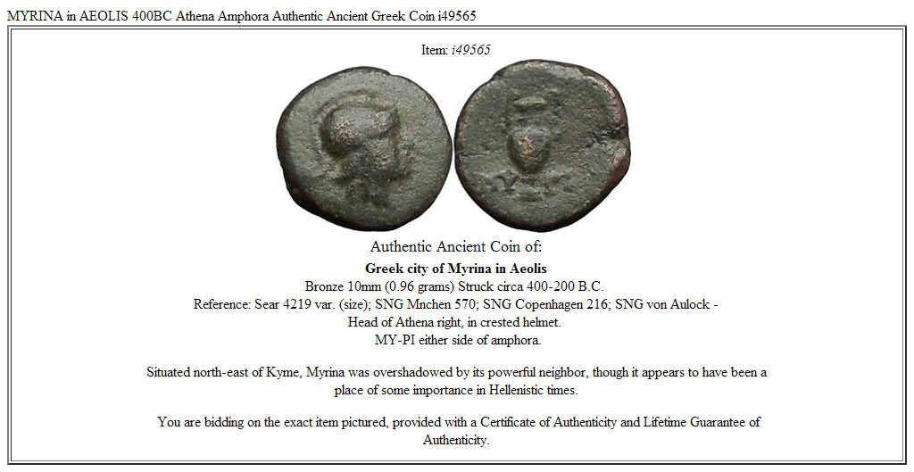 MYRINA in AEOLIS 400BC Athena Amphora Authentic Ancient Greek Coin i49565