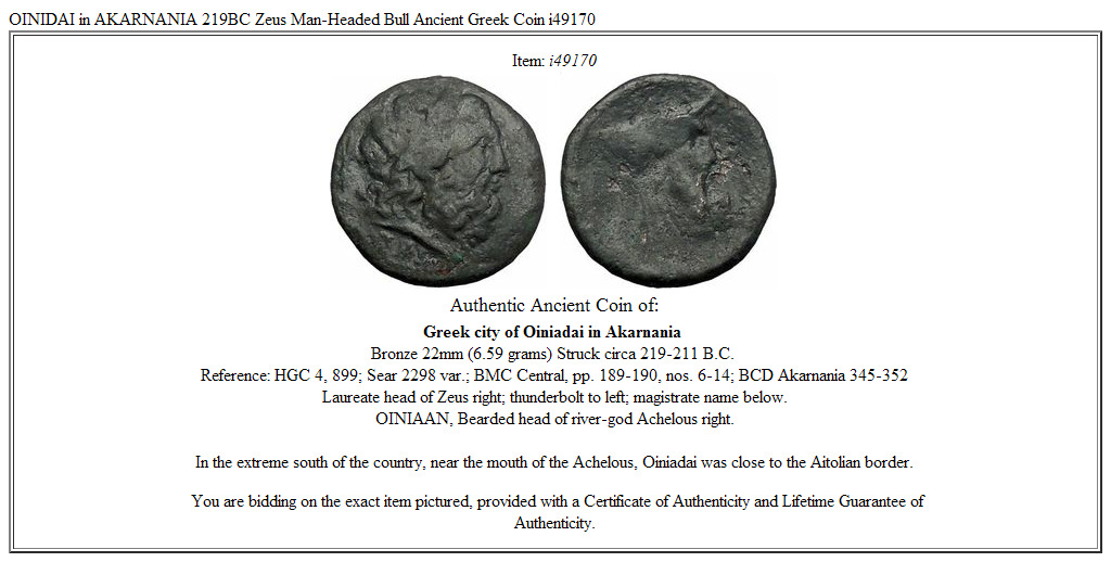 OINIDAI in AKARNANIA 219BC Zeus Man-Headed Bull Ancient Greek Coin i49170