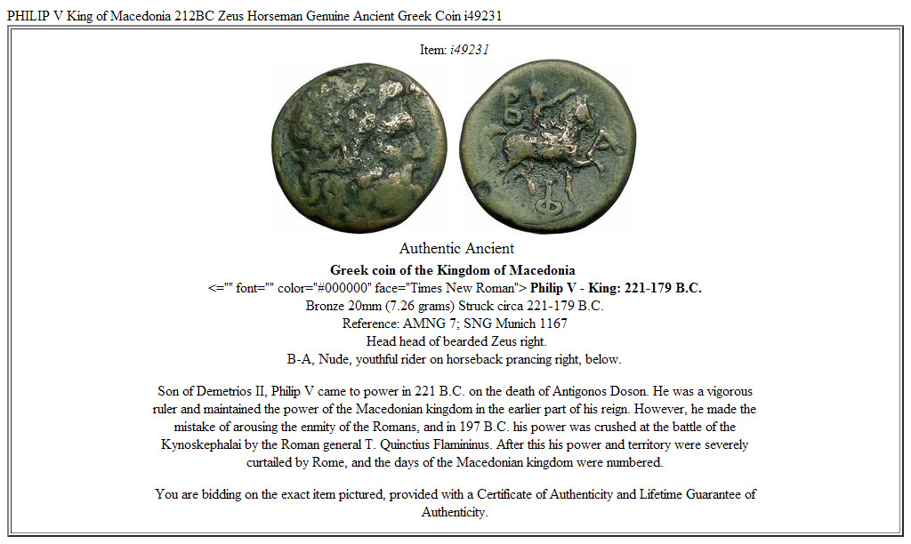 PHILIP V King of Macedonia 212BC Zeus Horseman Genuine Ancient Greek Coin i49231
