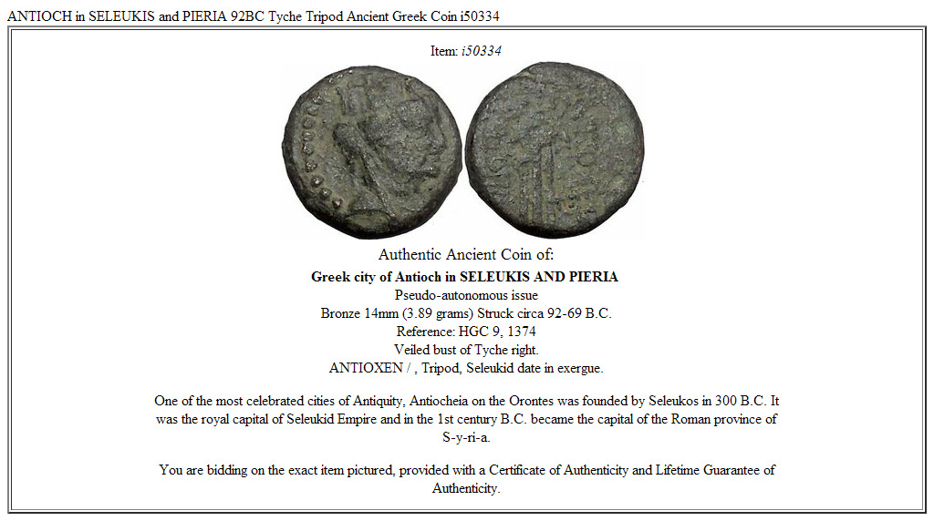 ANTIOCH in SELEUKIS and PIERIA 92BC Tyche Tripod Ancient Greek Coin i50334