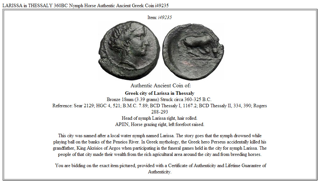 LARISSA in THESSALY 360BC Nymph Horse Authentic Ancient Greek Coin i49235