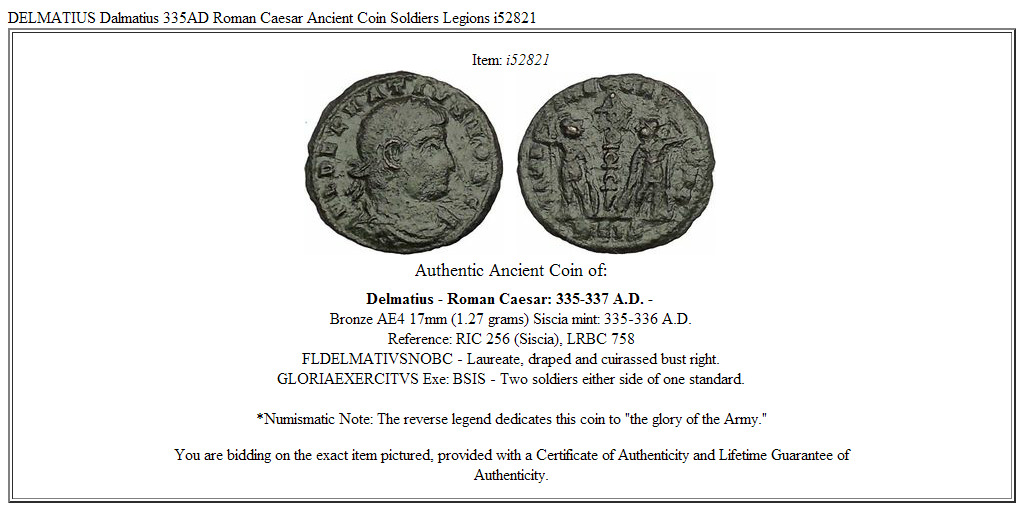 DELMATIUS Dalmatius 335AD Roman Caesar Ancient Coin Soldiers Legions i52821