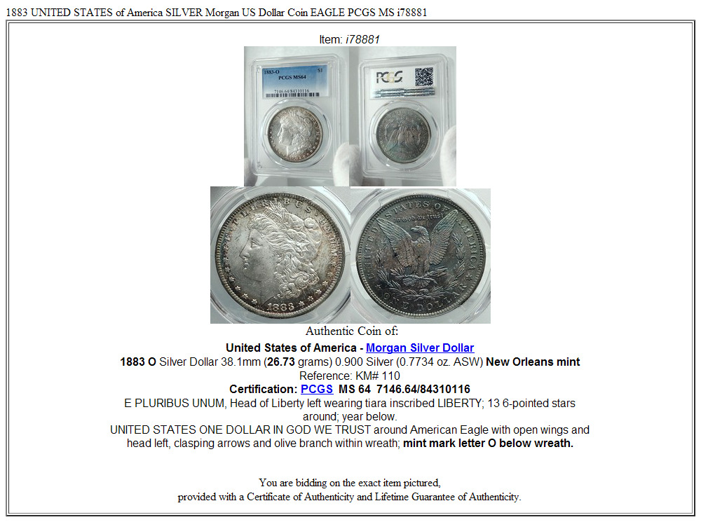 1883 UNITED STATES of America SILVER Morgan US Dollar Coin EAGLE PCGS MS i78881