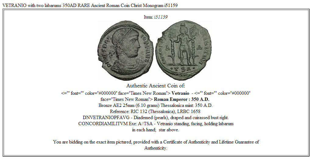 VETRANIO with two labarums 350AD RARE Ancient Roman Coin Christ Monogram i51159