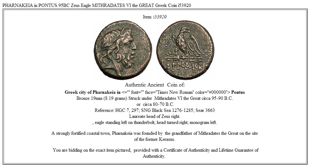 PHARNAKEIA in PONTUS 95BC Zeus Eagle MITHRADATES VI the GREAT Greek Coin i53920