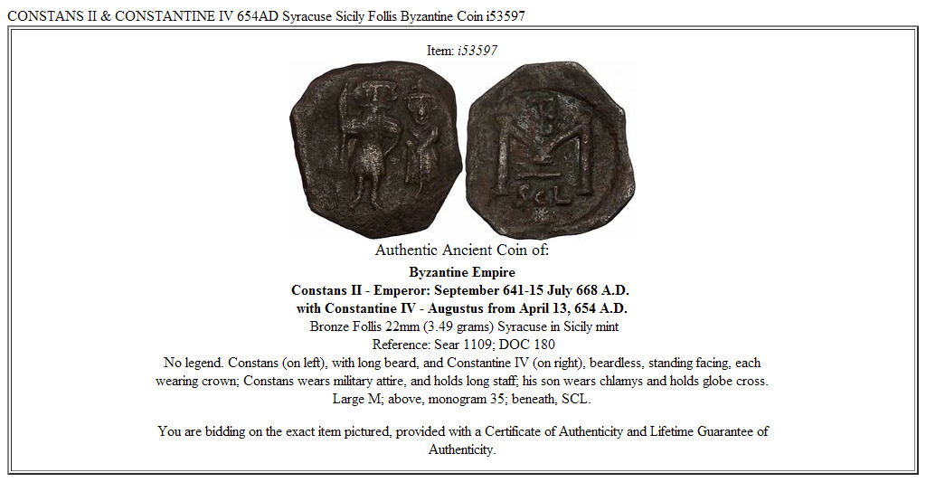 CONSTANS II & CONSTANTINE IV 654AD Syracuse Sicily Follis Byzantine Coin i53597