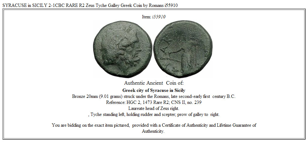 SYRACUSE in SICILY 2-1CBC RARE R2 Zeus Tyche Galley Greek Coin by Romans i55910