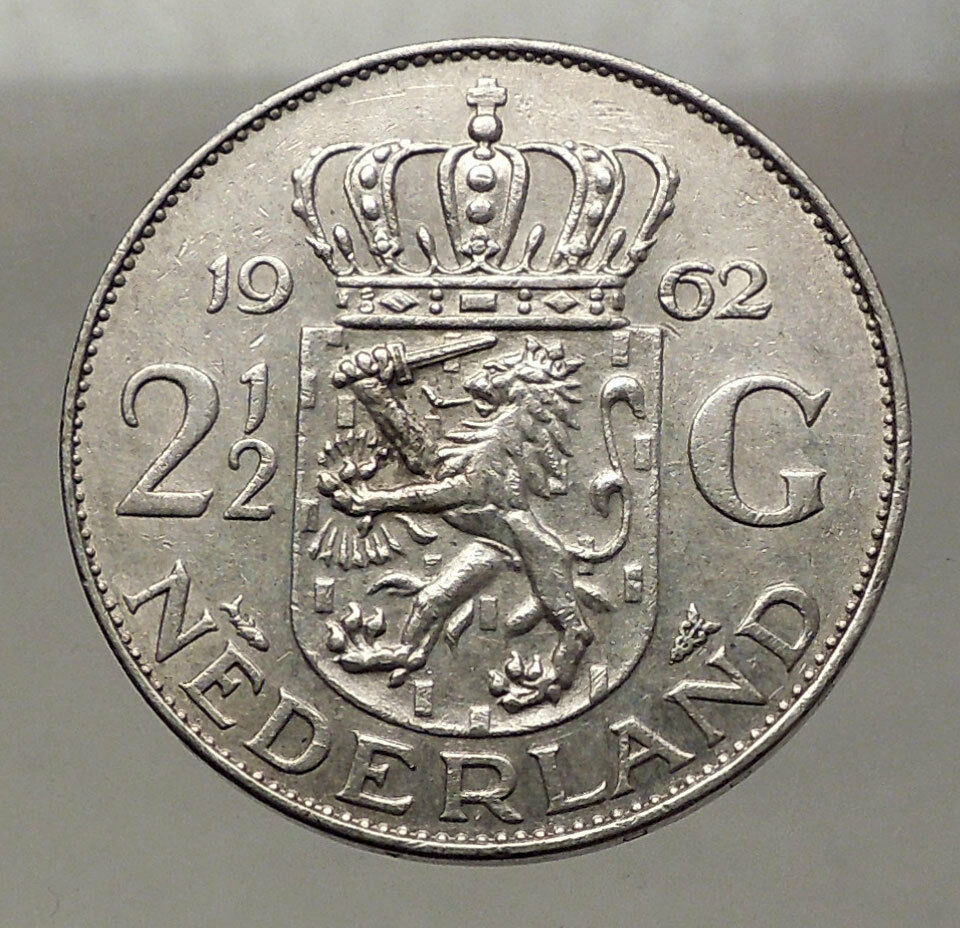 1962 Netherlands Kingdom Queen JULIANA 2½ Gulden Authentic Silver Coin i57772
