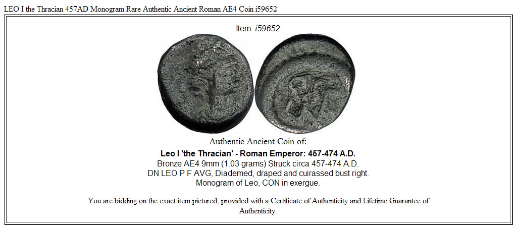 LEO I the Thracian 457AD Monogram Rare Authentic Ancient Roman AE4 Coin i59652