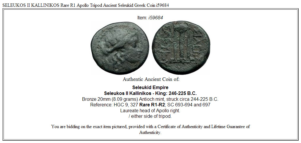 SELEUKOS II KALLINIKOS Rare R1 Apollo Tripod Ancient Seleukid Greek Coin i59684