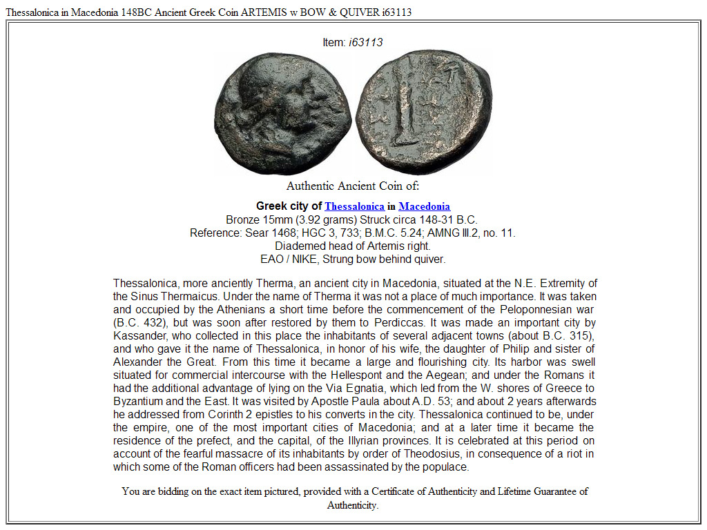 Thessalonica in Macedonia 148BC Ancient Greek Coin ARTEMIS w BOW & QUIVER i63113