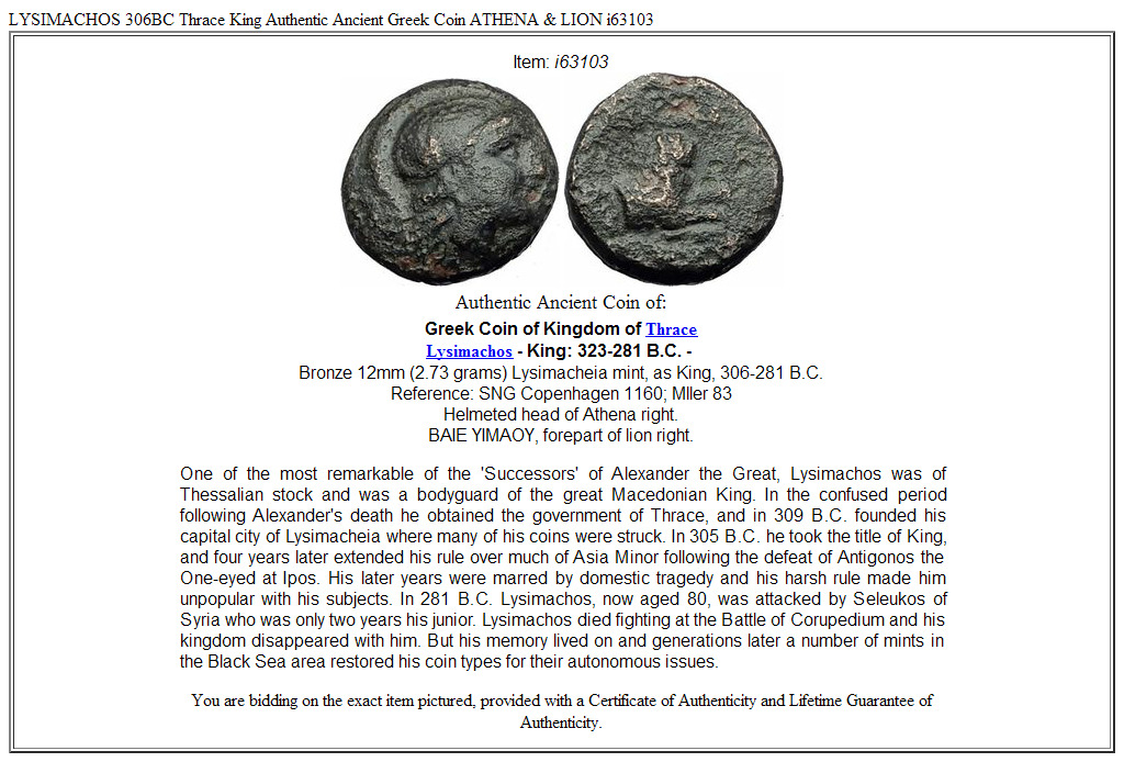 LYSIMACHOS 306BC Thrace King Authentic Ancient Greek Coin ATHENA & LION i63103