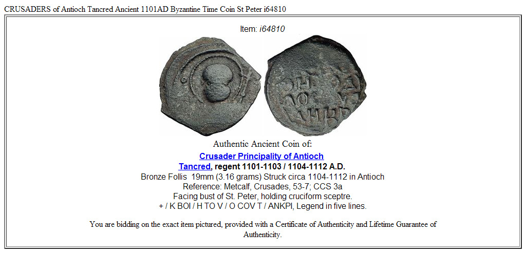 CRUSADERS of Antioch Tancred Ancient 1101AD Byzantine Time Coin St Peter i64810