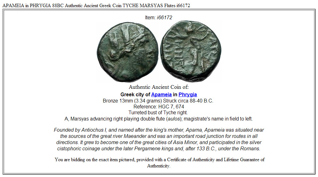 APAMEIA in PHRYGIA 88BC Authentic Ancient Greek Coin TYCHE MARSYAS Flutes i66172