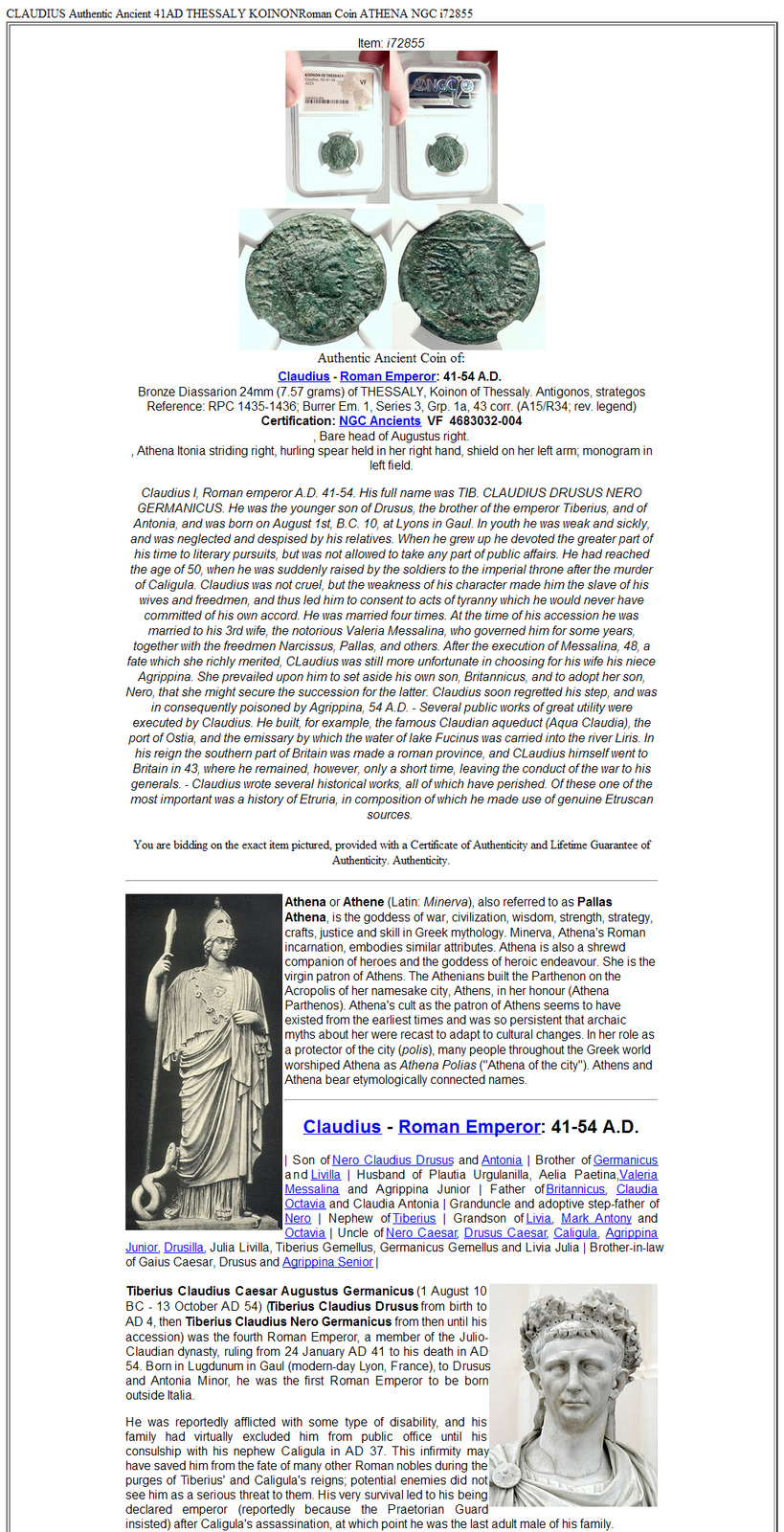 CLAUDIUS Authentic Ancient 41AD THESSALY KOINONRoman Coin ATHENA NGC i72855