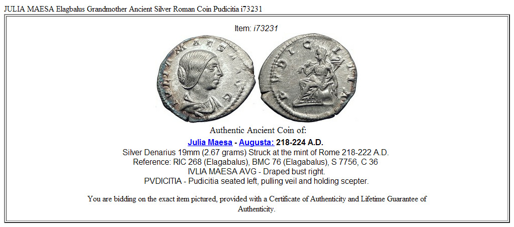 JULIA MAESA Elagbalus Grandmother Ancient Silver Roman Coin Pudicitia i73231