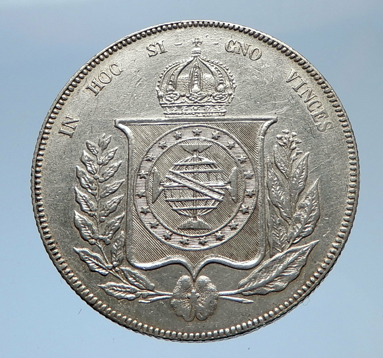 1863 BRAZIL Silver 1000 Reis Antique Brazilian Coin w Coat-Of-Arms i69371