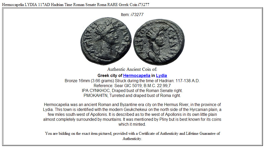 Hermocapelia LYDIA 117AD Hadrian Time Roman Senate Roma RARE Greek Coin i73277